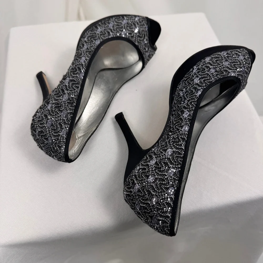 Caparros Peep Toe Heels Women 7B Black Silver Lace Sequin Sparkle Leather Sole